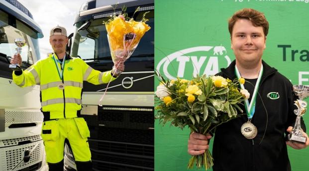Vinnarna av Yrkes-SM 2026 i kategorin lastbil till v&auml;nster: Helmer Rask och flygteknik till h&ouml;ger