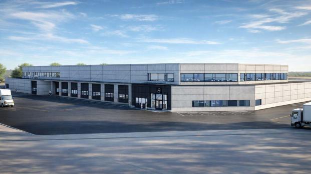 Visualisering av den nya Mercedes‑Benz lastbilsanl&auml;ggningen i Upplands V&auml;sby, framtagen av Tranviks Udde Fastigheter AB. Anl&auml;ggningen ber&auml;knas st&aring; klar under andra kvartalet 2027 och blir en toppmodern servicepunkt f&ouml;r tunga fordon.